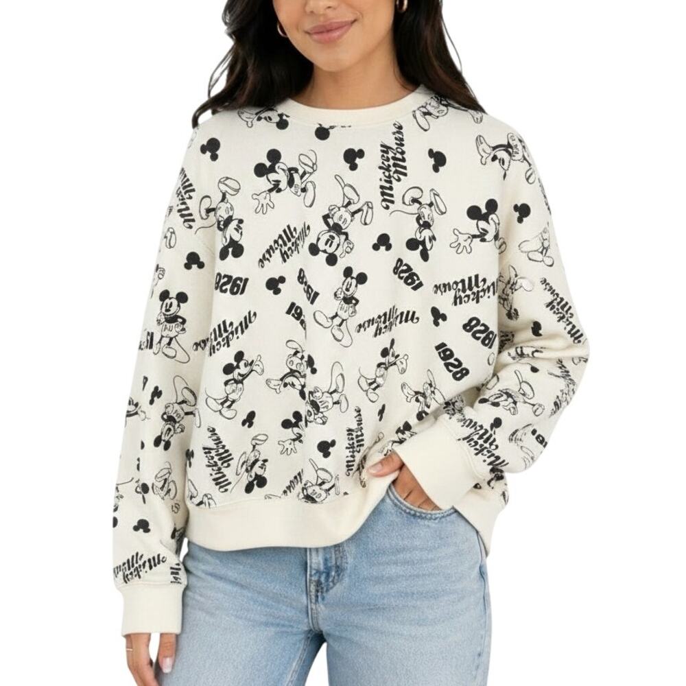 Disney Mickey Mouse 1928 All Over Print Crewneck Sweatshirt Cream Black L